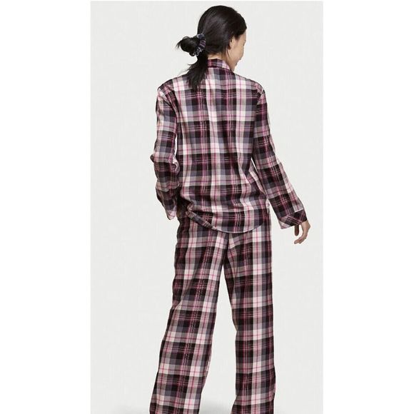 VICTORIA'S SECRET XXL PJ SET sleepwear flannel PINK black gray white PLAID black - Picture 2 of 4